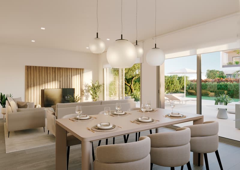 Elegant Open-Plan Dining and Living Suite Modern open-plan dining room with beige chairs and sphere pendant lights leading to a sunlit garden terrace.