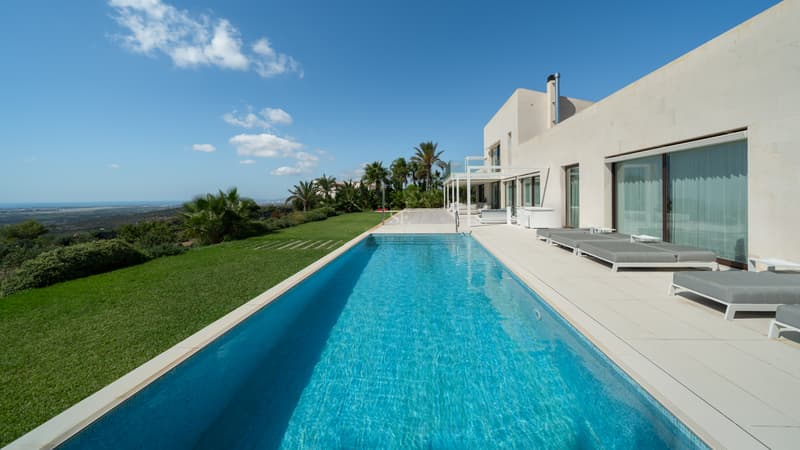 Exclusive Luxury Property with Pool, Prime Investment Opportunity Pool view featuring sun loungers, palm trees, and a modern design house with large windows. Luxurious and minimalist exterior.