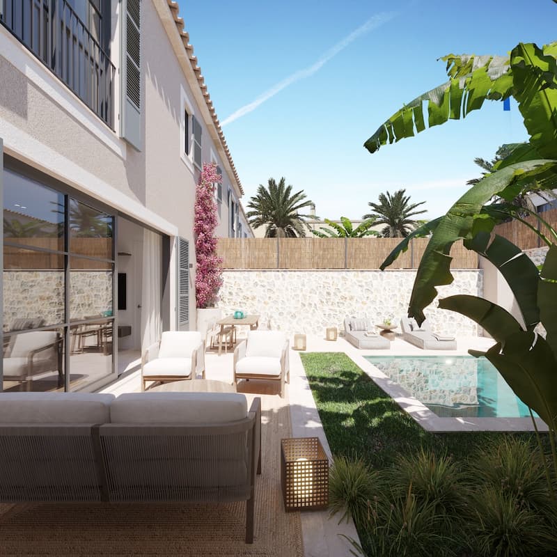 Große Terrasse mit Infinity-Pool und Panoramablick. Moderne Architektur, elegante Liegestühle und üppige Vegetation.
