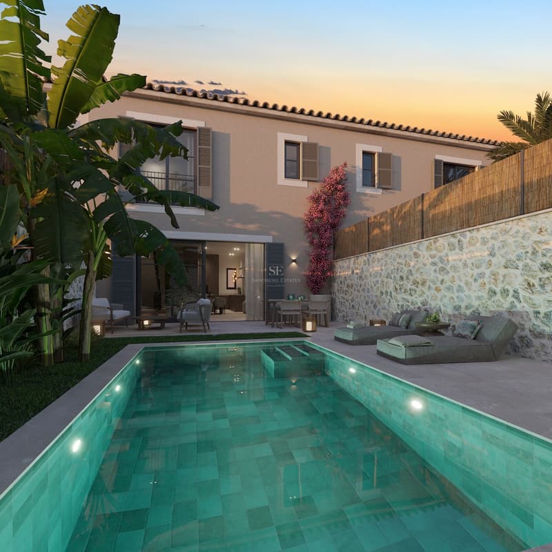 Ansicht einer luxuriösen Villa mit Infinity-Pool, üppigem Garten und moderner Architektur. Elegante Gartenmöbel.