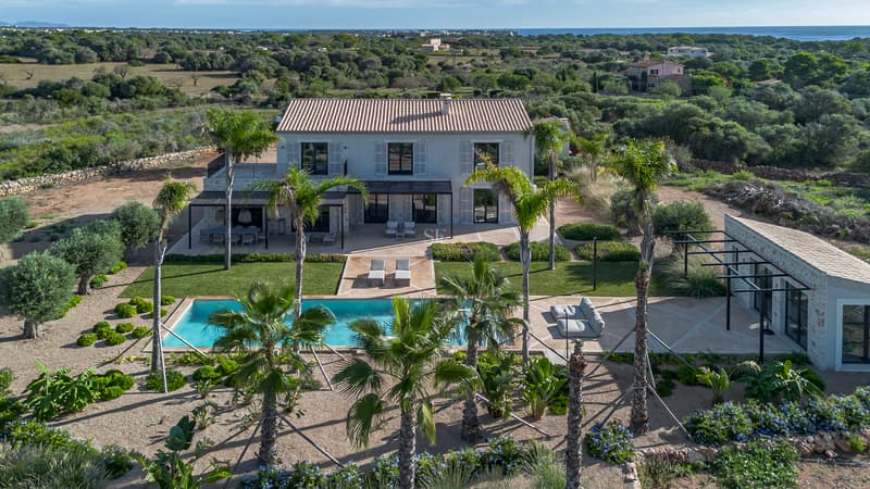 Luftaufnahme einer zweistöckigen Luxusvilla mit Pool, Palmen und dem Mittelmeer im Hintergrund.