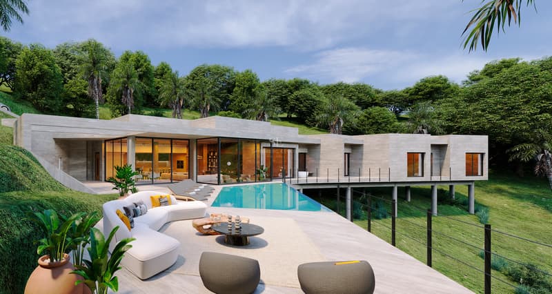 Modern Luxury Villa with Infinity Pool and Garden Contemporary villa terrace featuring a turquoise pool, white curved sofa, and glass walls against a lush hill.