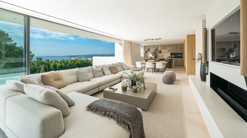 Luxuriöses Wohnzimmer mit Panoramameerblick Großzügiges modernes Wohnzimmer mit Design-Sofa, großen Glasfronten und Blick auf das Meer und die Vegetation.