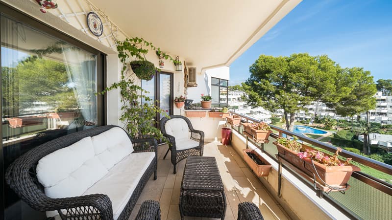 Balcony with dark wicker furniture, white cushions, and many potted plants overlooking a swimming pool and garden.