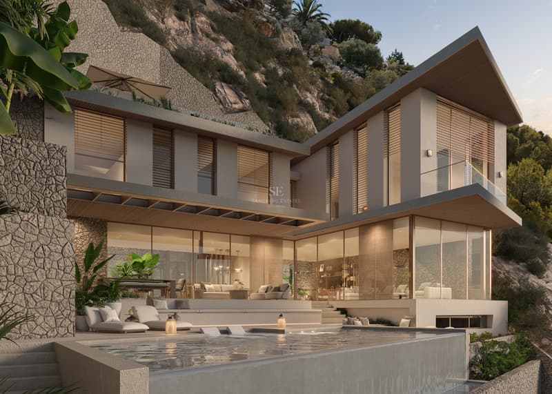 Modern Luxury Hillside Villa with Infinity Pool Two-story modern villa with stone walls, floor-to-ceiling glass windows, and an infinity pool at dusk.