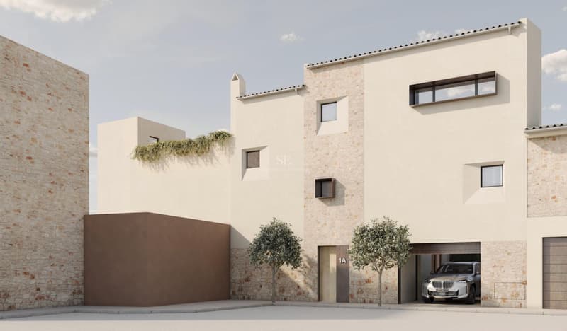 Modern stone and stucco building with minimalist windows and a car in the garage under bright daylight.