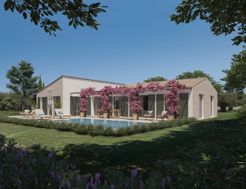 Villa moderna con piscina turquesa, jardín y buganvillas rosas sobre una pérgola bajo un cielo despejado.