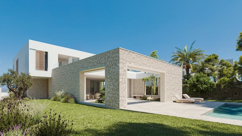 Contemporary villa exterior featuring natural stone walls, large glass openings, and a manicured lawn under a blue sky.