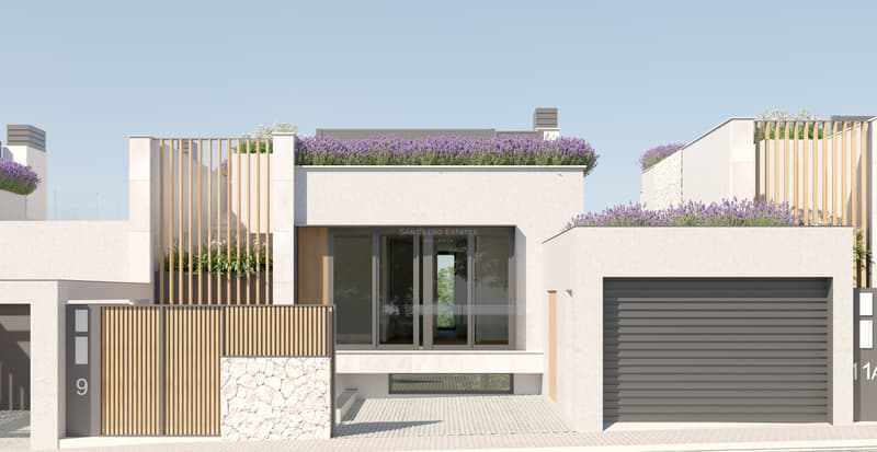 Modern Villa Facade with Natural Stone and Lavender Contemporary white villa facade featuring natural stone walls, timber accents, and purple lavender roof planters.