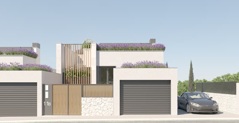Modern Minimalist Villa Entrance with Natural Finishes Architectural view of a white modern villa with wooden slats, stone walls, and lavender roof gardens.