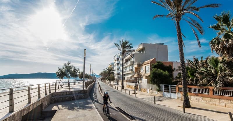 Promenade de Bord de Mer et Art de Vivre Cycliste sur une promenade ensoleillée bordée de palmiers, d'immeubles modernes et vue sur la mer Méditerranée.