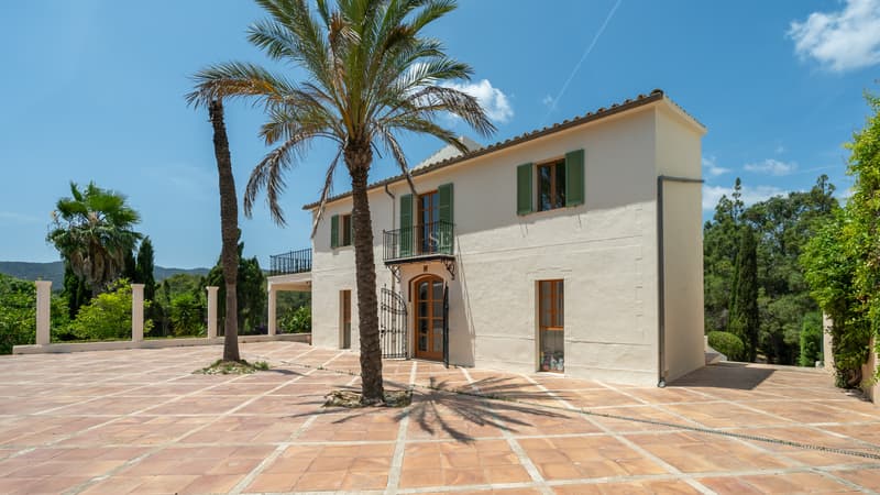 Traditional Mediterranean Estate with Terracotta Courtyard Two-story cream villa with green shutters and large terracotta courtyard with palm trees under a blue sky.