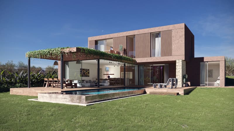 Villa de Design Moderne avec Piscine à Débordement Villa contemporaine avec façade terracotta, piscine à débordement, terrasse en bois et baies vitrées sous un ciel bleu.