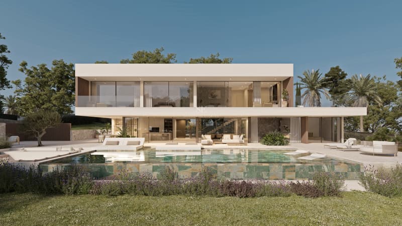 Villa Moderne avec Piscine à Débordement Villa moderne de deux étages avec de grandes baies vitrées et une piscine à débordement reflétant la façade.