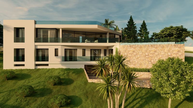 Villa Moderne Exclusive avec Piscine et Vues Panoramiques Vue d'une villa moderne avec piscine à débordement, jardin luxuriant et design architectural contemporain.