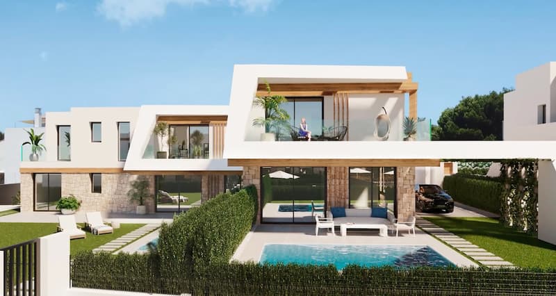 Modern Luxury Villa with Private Pool and Garden A contemporary two-story white villa with natural stone accents, a turquoise swimming pool, and manicured green lawn.