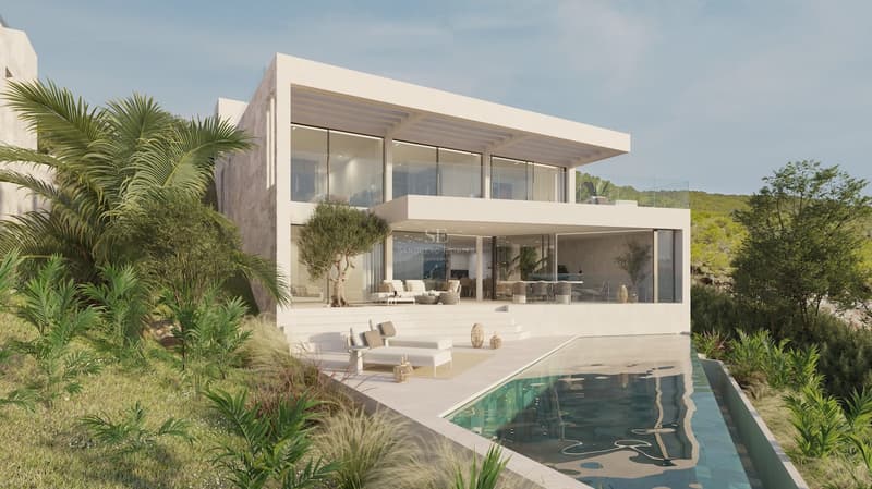 Villa Moderne de Luxe avec Piscine à Débordement Villa moderne de deux étages avec façade blanche, grandes baies vitrées, piscine à débordement et chaises longues.
