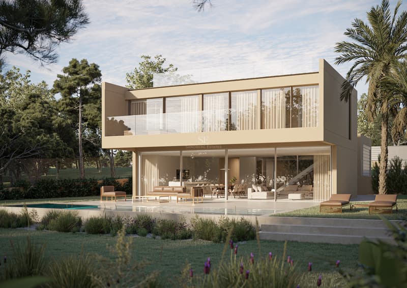 Villa de luxe moderne avec piscine et façades vitrées Extérieur d'une villa moderne de deux étages aux tons sable avec de grandes baies vitrées et une piscine privée.