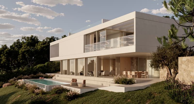 Villa de Luxe Contemporaine avec Piscine à Débordement Villa blanche moderne sur deux niveaux avec baies vitrées et piscine à débordement à la tombée du jour.