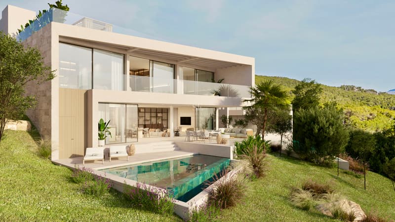 Villa Moderne de Luxe avec Piscine et Vue Villa moderne à deux étages avec piscine turquoise, balcons en verre et jardins luxuriants à flanc de colline.