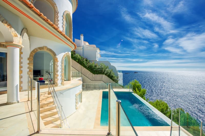 Villa méditerranéenne blanche avec piscine à débordement donnant sur la mer sous un ciel bleu.