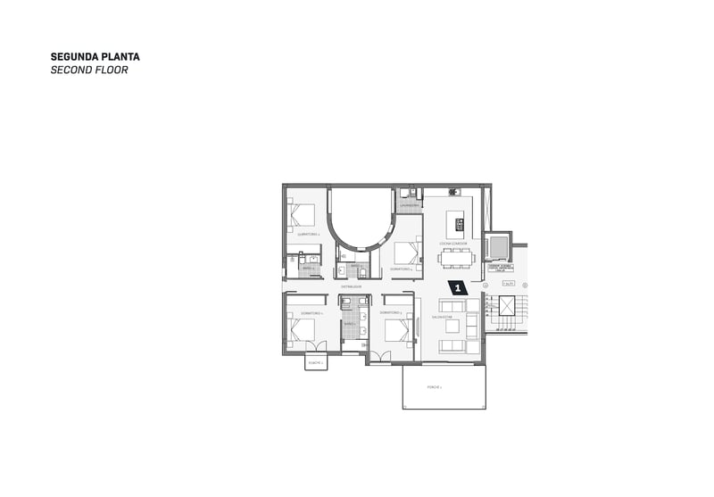 Plan technique du deuxième étage montrant quatre chambres, un salon ouvert et une terrasse spacieuse.