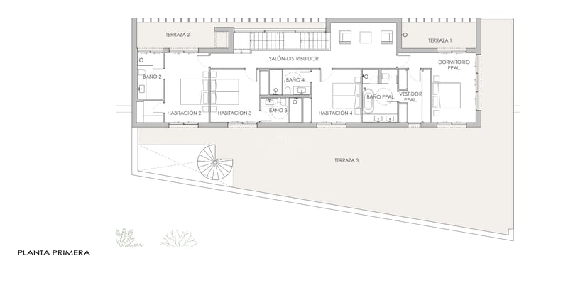 Plan 2D du premier étage montrant quatre chambres, plusieurs salles de bains et une vaste terrasse périphérique.