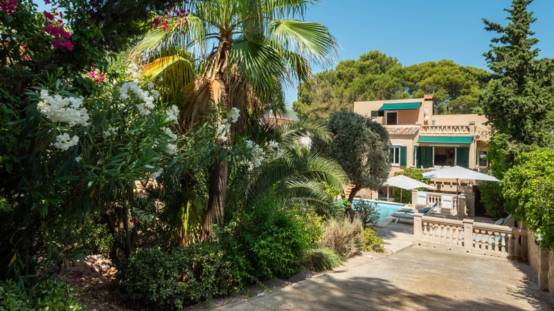 Vue d'une villa ocre classique entourée d'une végétation méditerranéenne dense, de palmiers et d'une piscine bleue.