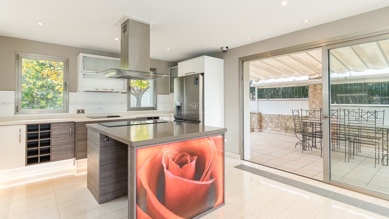 Cuisine moderne avec un îlot décoré d'une rose rouge, appareils en inox et accès direct au patio.