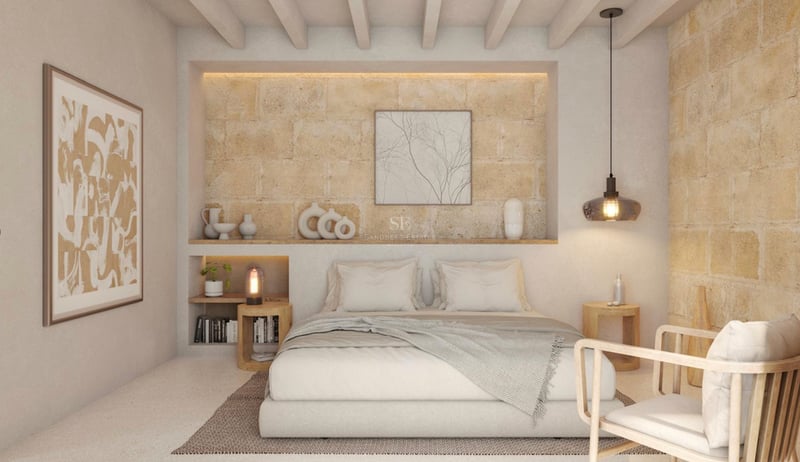 Chambre minimaliste avec mur en pierre texturée, poutres en bois au plafond et éclairage d'ambiance chaleureux.