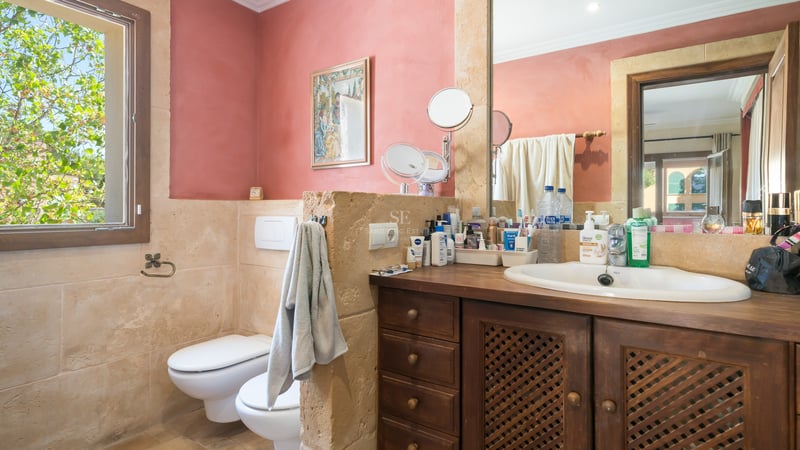 Salle de bain avec murs en pierre naturelle, meuble en bois sombre, toilettes et bidet, et fenêtre sur le jardin.