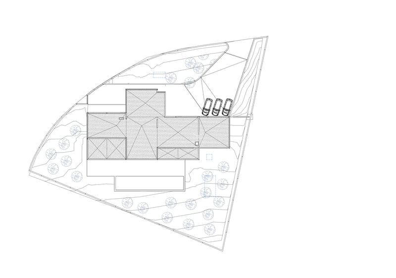 Plan technique en noir et blanc montrant l'implantation du bâtiment, le parking et les espaces paysagers.