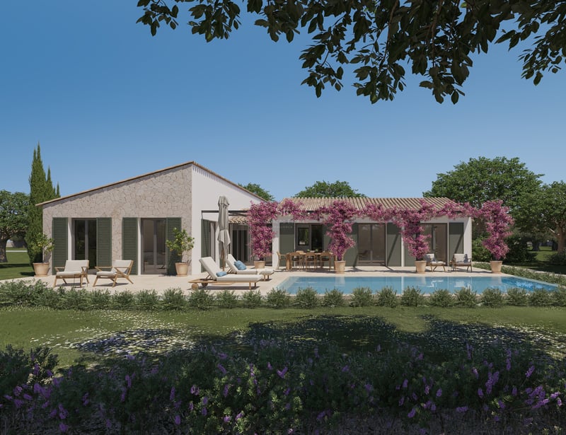 Villa méditerranéenne en pierre avec piscine turquoise, chaises longues et bougainvilliers violets.