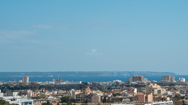 Vue aérienne de Palma de Majorque montrant la cathédrale de La Seu et la mer Méditerranée à l'horizon.