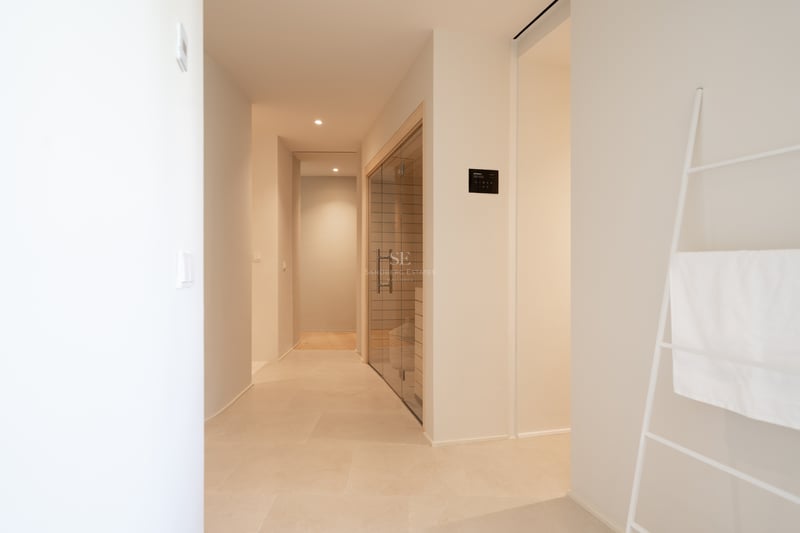Couloir blanc minimaliste avec sauna privé doté de parois en verre et d'un intérieur en bois clair.
