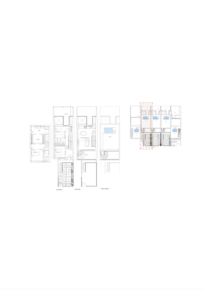 Technische Zeichnung von Erdgeschoss, Obergeschoss und Dachterrasse mit privatem Pool.