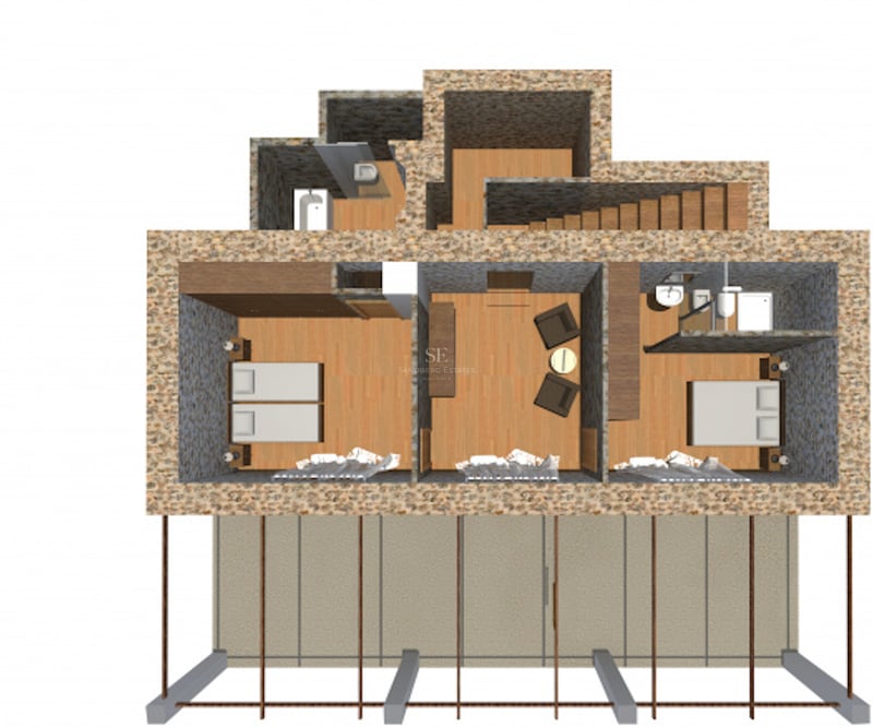 Plan 3D montrant deux chambres, un coin salon, deux salles de bains et une grande terrasse avec murs en pierre.