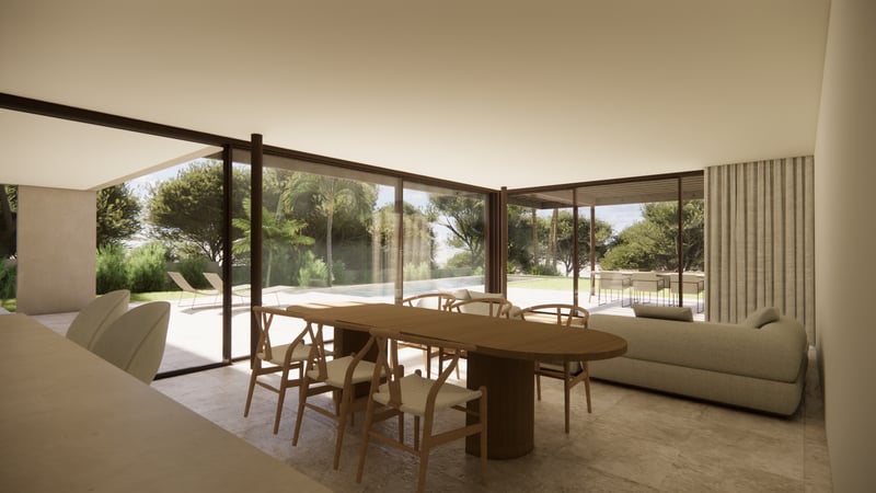 Salon et salle à manger modernes avec de grandes baies vitrées ouvrant sur une terrasse, une piscine et un jardin.