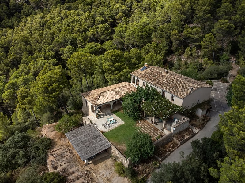 Vue de dessus d'une maison en pierre avec toit de tuiles, entourée d'une forêt de pins dense.