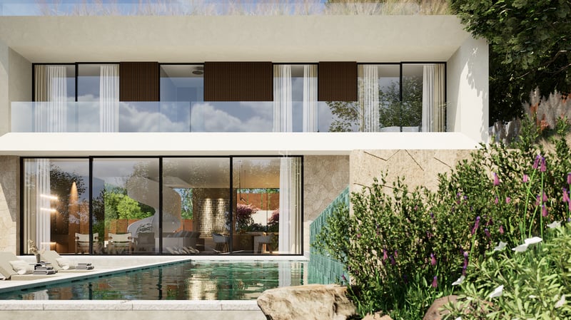 Extérieur d'une villa moderne de deux étages avec piscine turquoise, grandes baies vitrées et murs en pierre naturelle.