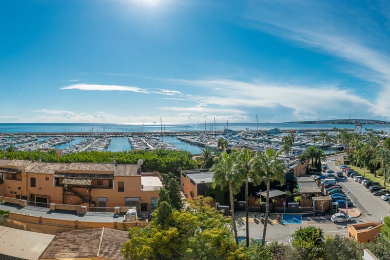 Vue d'en haut d'un port méditerranéen avec des yachts, des bâtiments en terre cuite et des palmiers sous un ciel bleu.