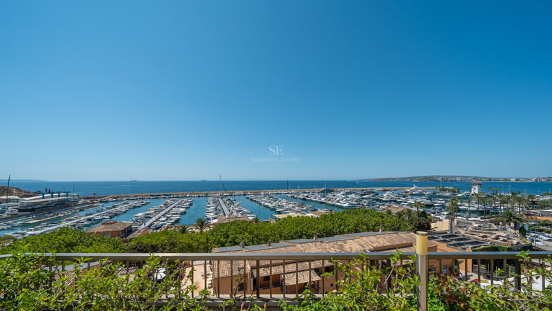 Vue en hauteur d'une marina avec des yachts blancs sous un ciel bleu azur, vue depuis une terrasse végétalisée.