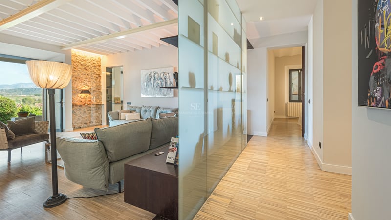 Salon avec canapé gris, parquet en bois, mur en pierre naturelle et cloison en verre dépoli.