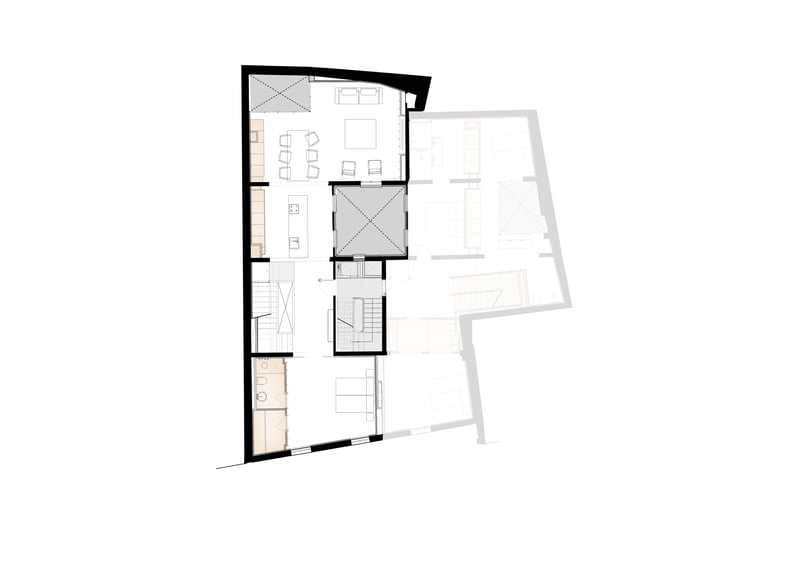 Plano técnico en 2D que muestra la distribución de una vivienda moderna con salón de planta abierta y dormitorios.