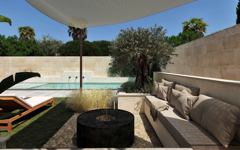 Terrasse de luxe avec banquettes en pierre intégrées, brasero circulaire noir, olivier et piscine.