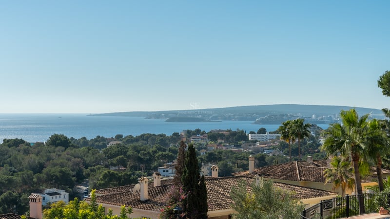 Vue panoramique sur une baie bleue, collines côtières, toits de villas en terre cuite et palmiers.