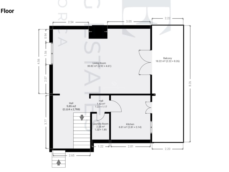 Plan d'architecte 2D montrant un séjour de 30m2, une cuisine, une buanderie et un grand balcon de 18m2.