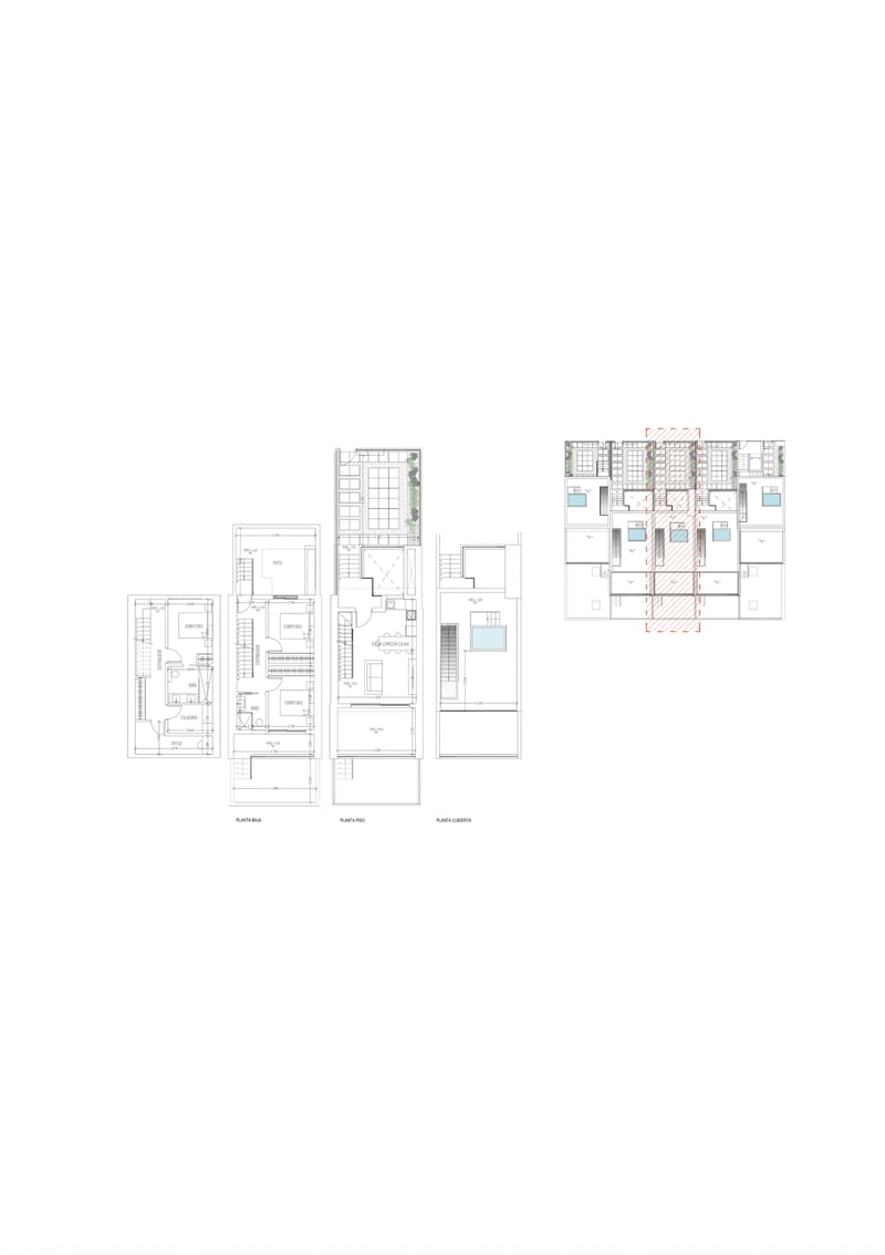 Architektonischer Grundriss über drei Ebenen mit Schlafzimmern, offenem Wohnbereich und Dachterrasse mit Pool.