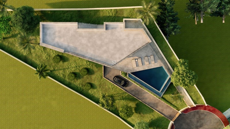 Vue extérieure d'une villa moderne avec piscine, entourée de végétation. Design architectural minimaliste et finitions de haute qualité.
