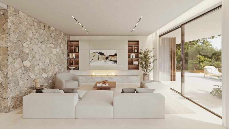 Salon moderne lumineux avec un grand canapé modulaire blanc, une cheminée linéaire et un mur d'accent en pierre naturelle.